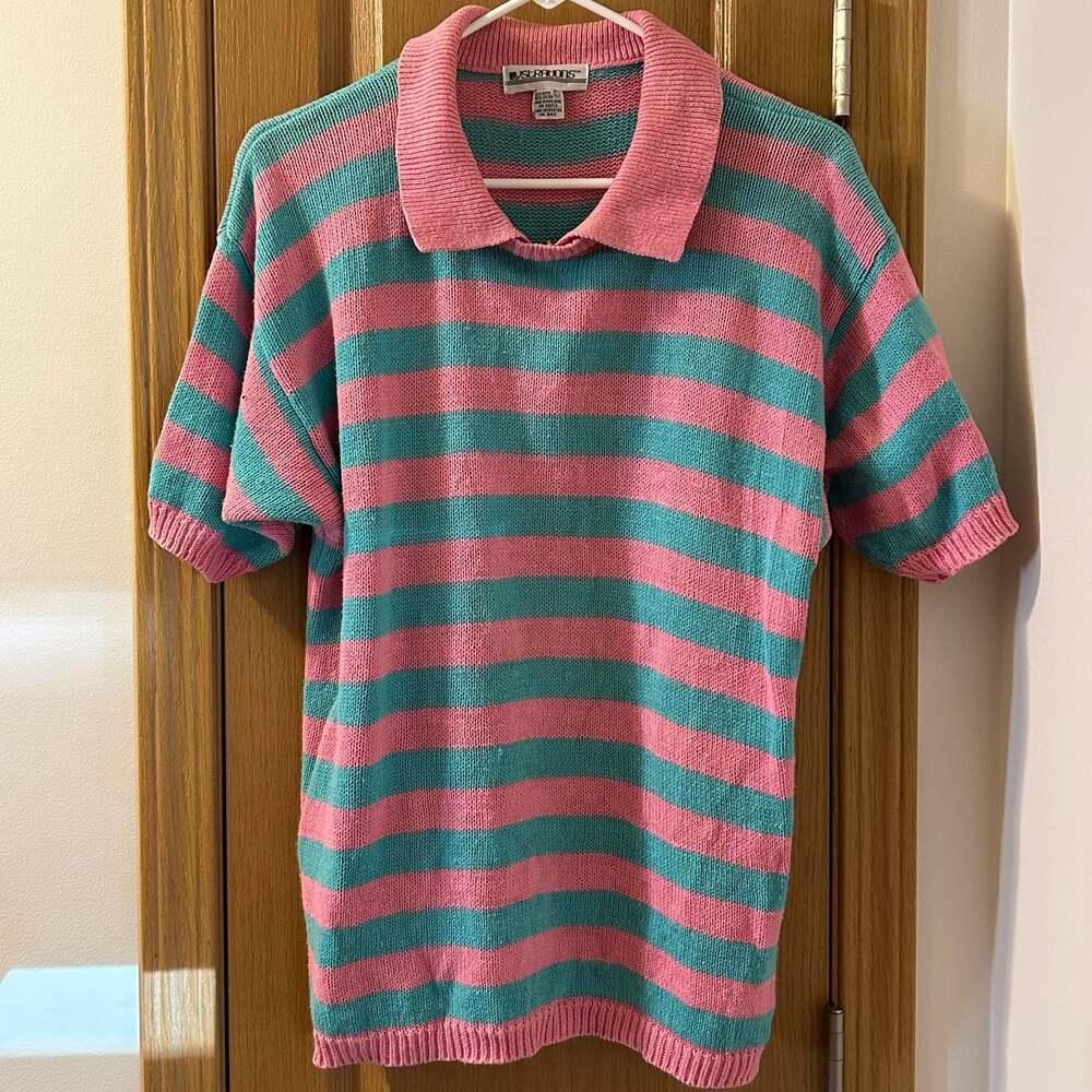 Vintage Illustrations Striped Knit Polo Shirt Size L